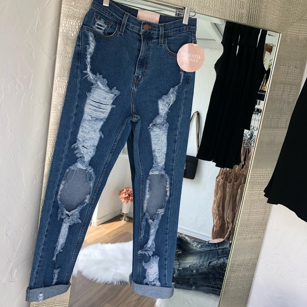High Rise Ripped Mom Denim Jeans - Picture 1 of 2